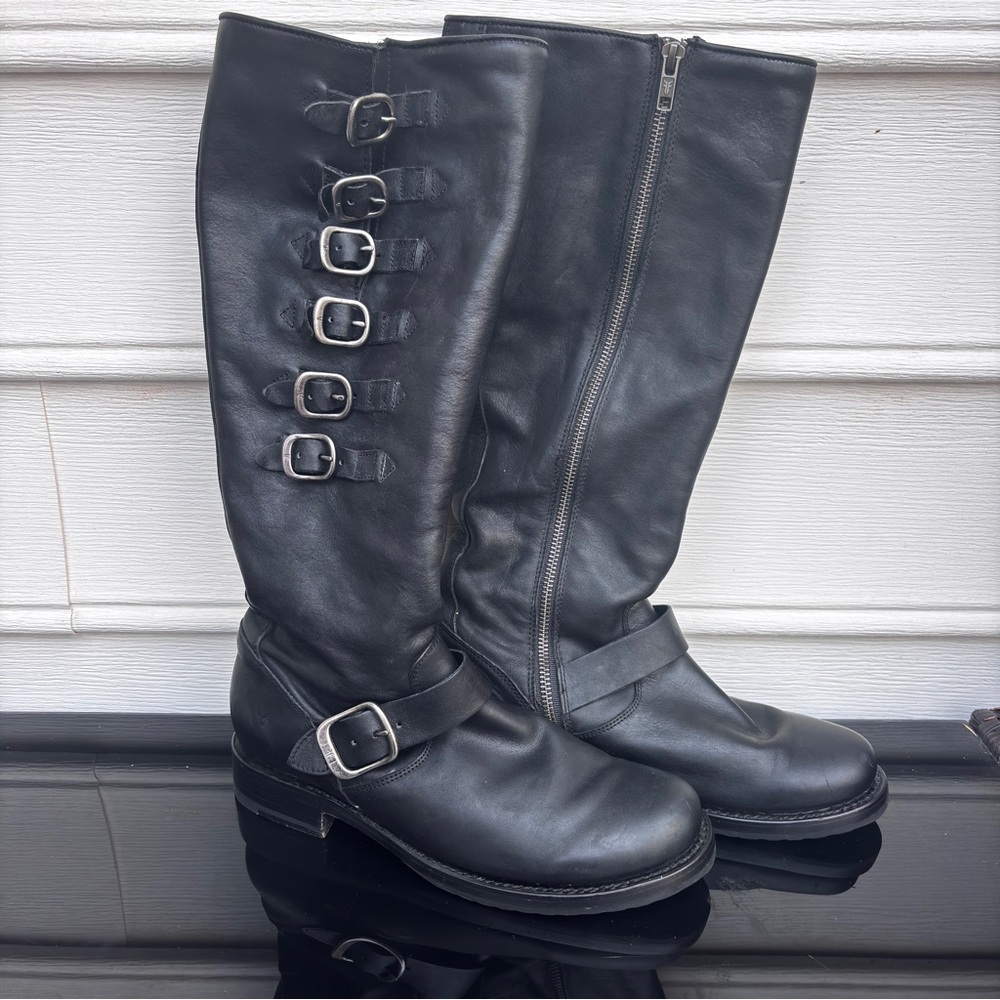 FRYE Veronica Belted Tall Straps Size 8 Black Leather Knee-High Boots FIT NOTES